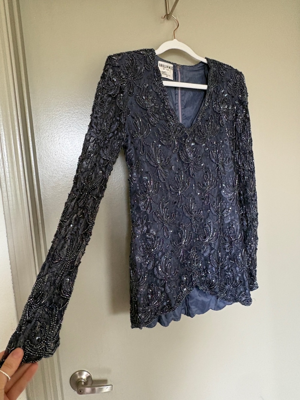 BRILLIANTE J.A Vintage Navy Beaded V-Neck Blouse